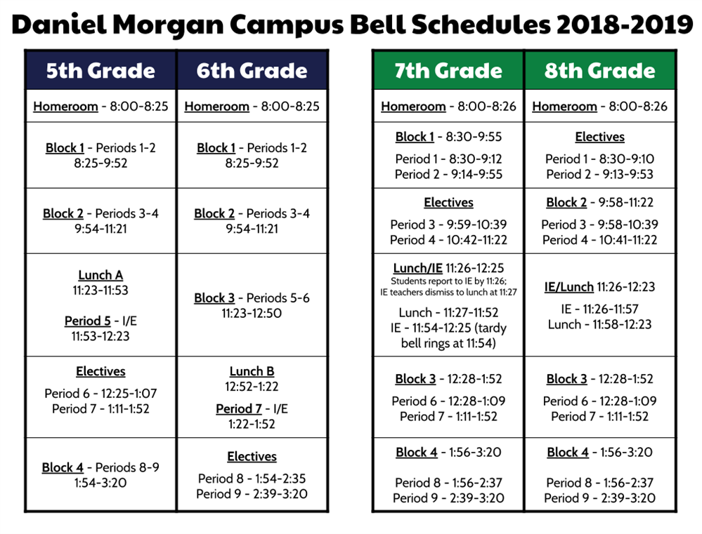 Daniel Morgan Campus Bell Schedules for 2018-19 